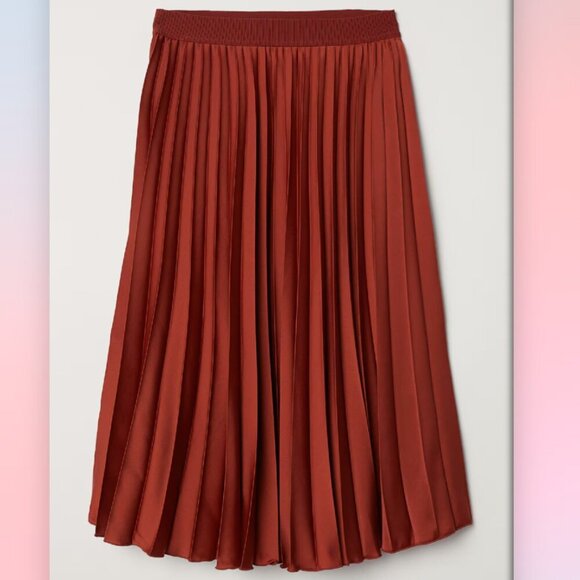 H&M SZ10 Dark Rust Pleated Midi Skirt Modern Minimalist Monochrome Sophisticated - Picture 5 of 11